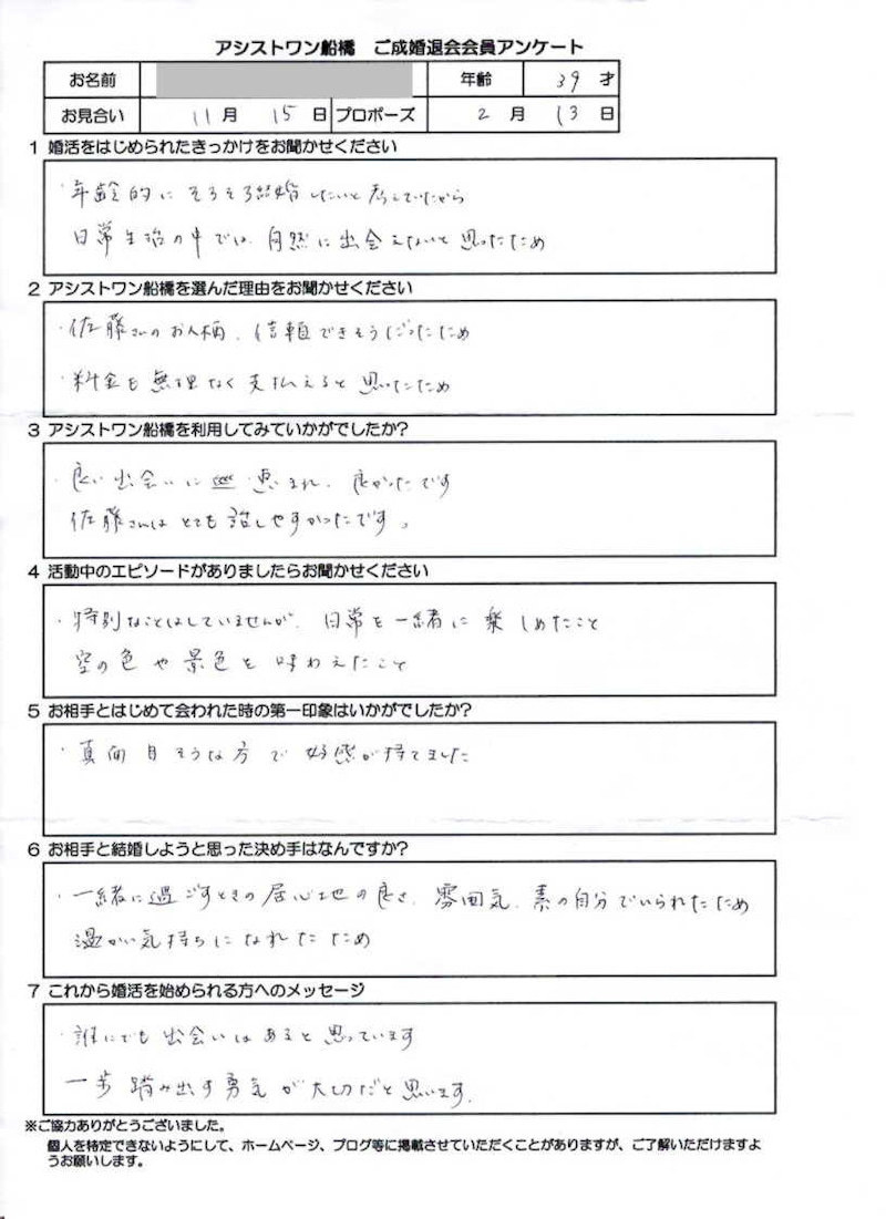 成婚アンケート39才女性