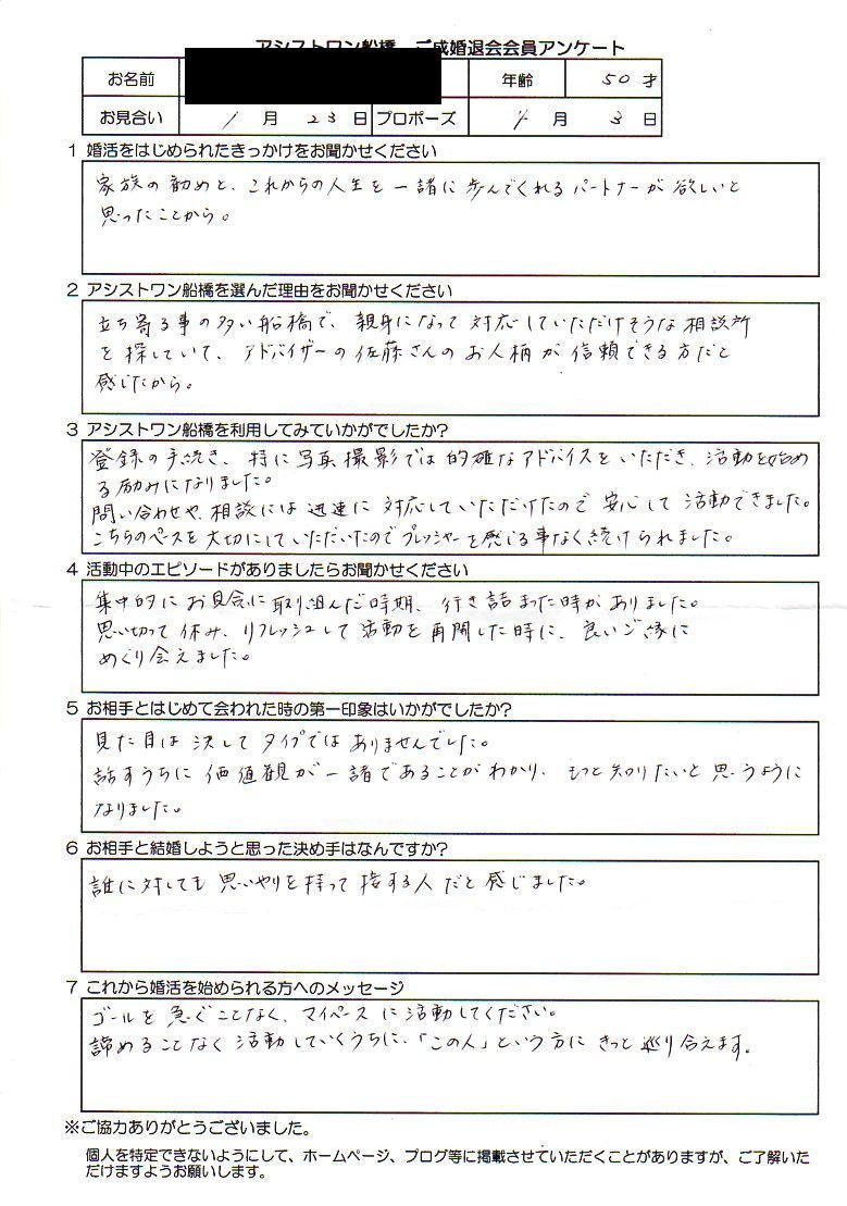 成婚アンケート50才女性