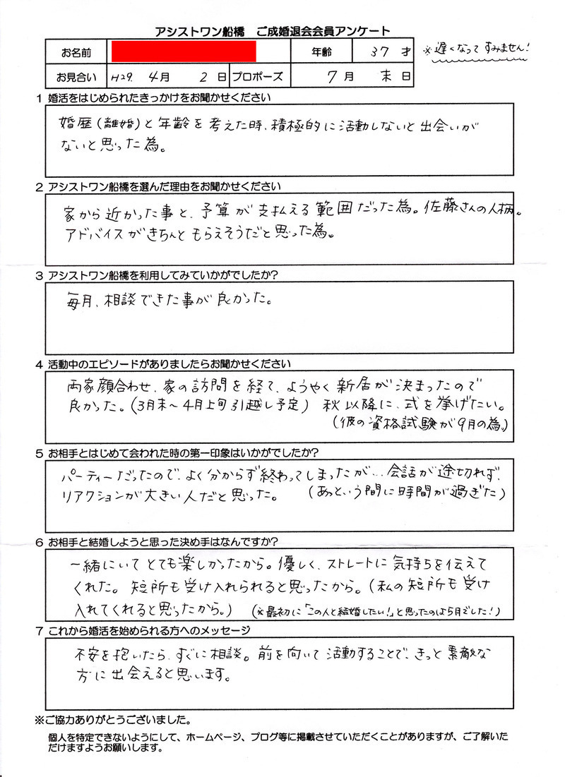 成婚アンケート　37才女性